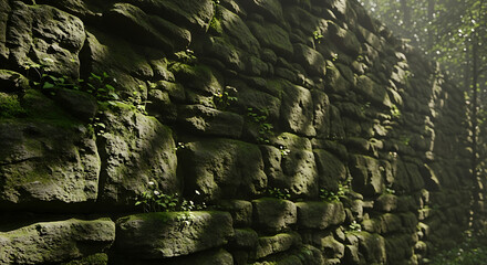 Old stone wall in the forest with moss and green plants growing on it