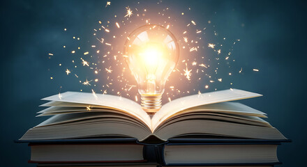 Light bulb above an open book with sparkling particles in the air