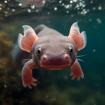 Ajolote Axolotl Swimming Underwater Near Algae