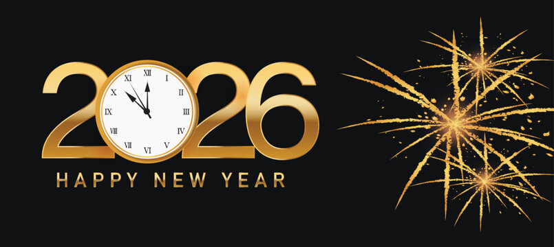 Happy New Year 2026 greeting card Celebration background Golden Firework and sparklers on with bokeh lights