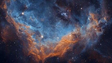 Fototapeta premium A colorful interstellar nebula in space with blue and orange gas clouds and numerous twinkling stars. Concept Colorful interstellar nebula with blue and orange gas clouds