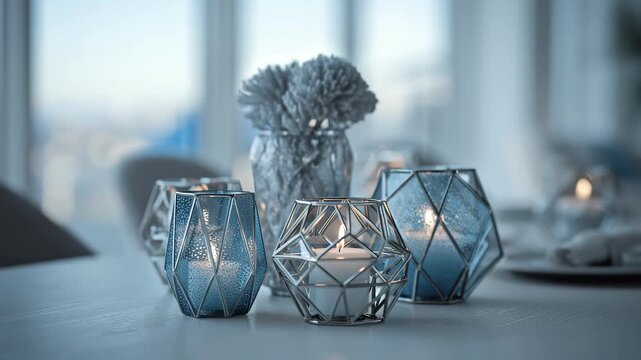 Cluster of faceted glass tealight holders in blue hues with flickering flames and gray hydrangea beside on wooden dining table with chairs and napkins, creating modern winter ambiance for holiday gath