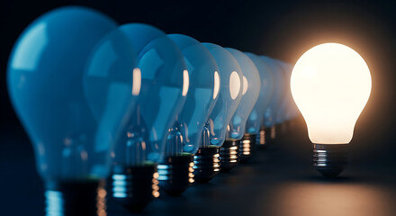 One glowing light bulb stands out from a row of dim light bulbs