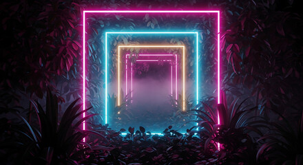 Neon tunnel with tropical plants and fog, creating a futuristic vibe
