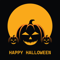 Spooky Jack O Lantern Pumpkins Silhouette with Full Moon Background and Happy Halloween Text Illustration