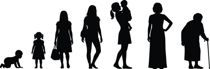 Human life stages silhouette, aging progression, childhood to elderly, growth timeline, development phases, generational change, physical evolution, age, journey, identity