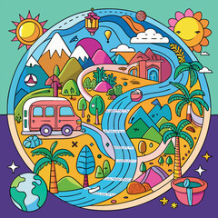Fototapeta premium Colorful Adventure Travel Landscape Illustration