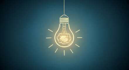 A glowing light bulb hangs against a dark blue background, idea concept