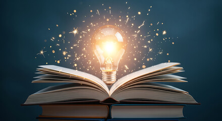Open book with light bulb and sparkling particles, knowledge and ideas concept