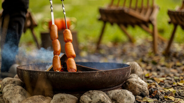 Sausages grilling over a campfire for a delicious outdoor meal - Powered by Adobe