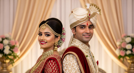 Obraz premium Traditional Indian Wedding Portrait of Bride and Groom in Elegant Attire