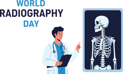 World radiography day with doctor and xray image of human skeleton