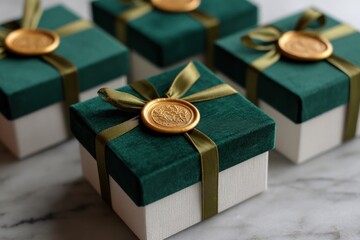 Closeup of elegant green gift boxes with golden ribbons and wax seals