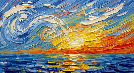 Oil painting of ocean wave and sunset with beautiful color palette