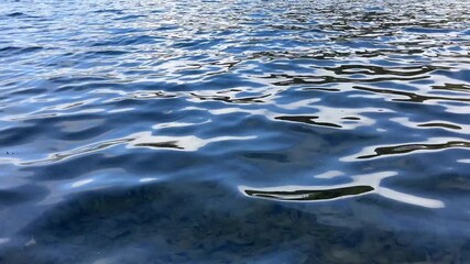 Wavy water surface texture in deep blue. Close-up of small ripples on a clear lake. Sunlight reflection on the moving water. Abstract liquid background. - Powered by Adobe
