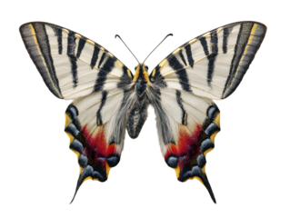 Striking scarce swallowtail butterfly with black stripes and red wing spots