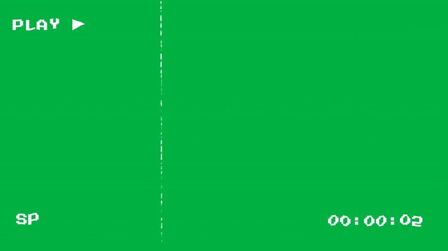Animated VCR overlay with VHS glitch, error timer and static on a green screen. Analog video tape distortion with "PLAY" text and timecode