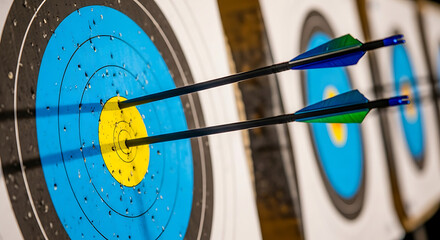 Two arrows hit the center of a target with a blue and yellow design