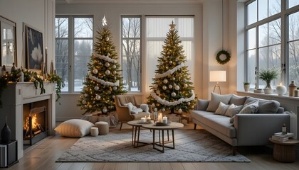 Obraz premium Cozy living room with christmas trees and fireplace in a bright interior