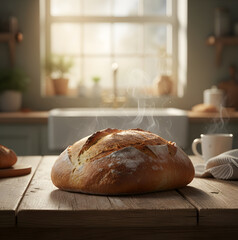 Freshly baked loaf of bread on a kitchen table in warm sunlight