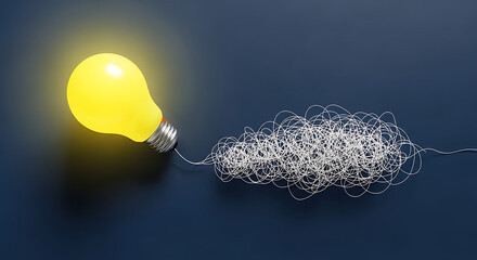 Light bulb with tangled wire on dark background represents complex idea