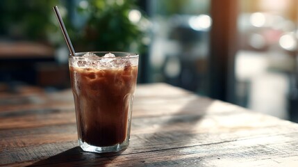 A tall glass of iced coffee with a straw sits on a wooden table bathed in warm sunlight with a blurred cafe background