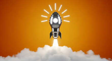 Rocket launch with light bulb on orange background, new business idea