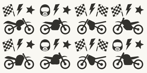 Seamless pattern of black silhouettes of motocross motorcycles helmets flags and lightning bolts
