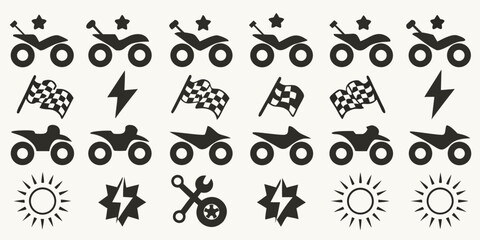 Collection of black motorcycle and racing icons on a light background