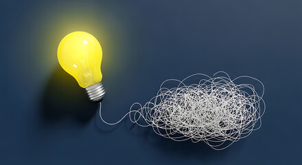 Bright light bulb with tangled wire on blue background, concept of idea
