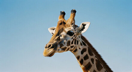 Closeup of a Giraffes Head Against a Clear Blue Sky.