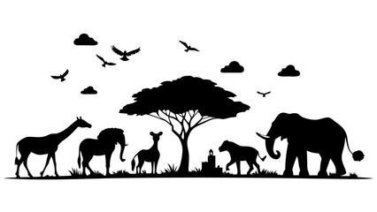 Fototapeta premium Collection of flat silhouette illustrations of iconic african wildlife animals in various poses