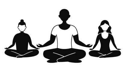 Diverse people practicing yoga meditation and mindful breathing exercises in flat silhouette style