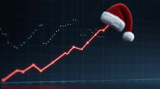 Red Santa hat with white pom-pom perched atop an upward-trending orange line graph on a dark grid background, symbolizing prosperous holiday business growth and festive financial success