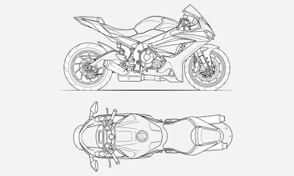 Technical line drawing illustration of a modern sport motorcycle, showing detailed side profile and top down schematic views