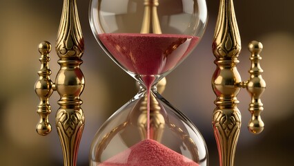 Elegant gold and glass hourglass with red sand, timeless concept.