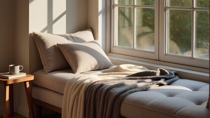 Sunlit window seat with pillows and cozy blankets.