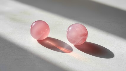 "Echoes of Affection": A minimalist scene featuring two perfectly spherical, polished rose quartz stones. One stone casts a long, soft, peach-colored shadow that gently touches the second stone.