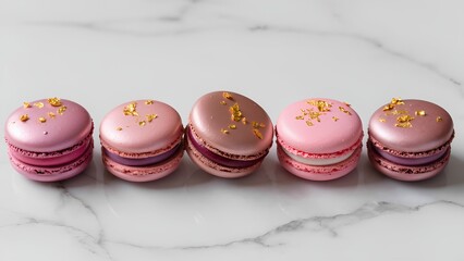 Gourmet macarons with iridescent glaze. Food photography, five perfectly round macarons coated in metallic pink and rose gold glaze, arranged on a marble surface with delicate gold leaf.
