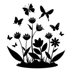 Elegant silhouette of flying butterflies gracefully circling a delicate flower in a floral design