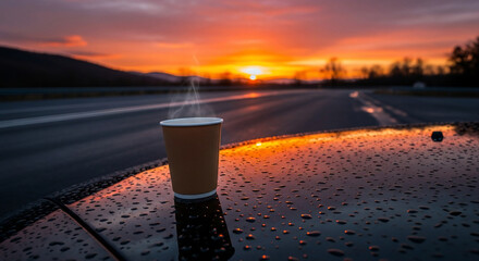 Coffee Cup on Car Hood at Sunset.
