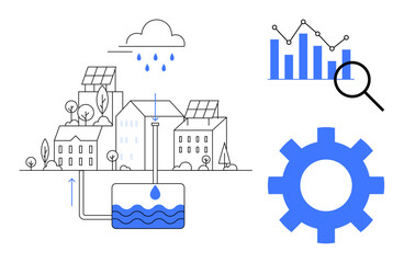 Cityscape with solar panels and rainwater tanks reflects sustainability. Graph, magnifying glass, and gear represent analytics, monitoring, and system optimization. Ideal for green energy, water