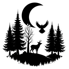 Collection of woodland animal silhouettes including deer and fox with pine trees