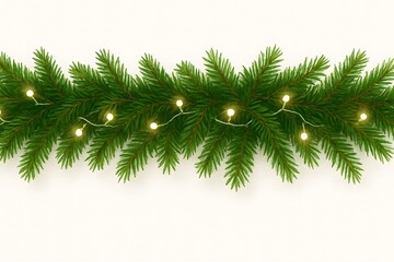 Obraz premium Christmas Garland with Pine Branches and Warm White String Lights on Light Background