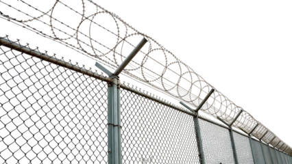 Chain link fence with barbed wire top cut out isolated on white background PNG. AI GENERATED.