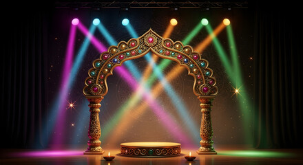 Magic lamp Diwali holiday festive colorful spotlights focus on archway dark night background