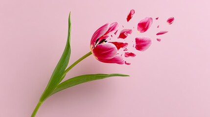 Vibrant pink tulip flower appears to be bursting into petals against a soft pink background, showcasing the beauty of nature and the delicate intricacies of floral design and artistry