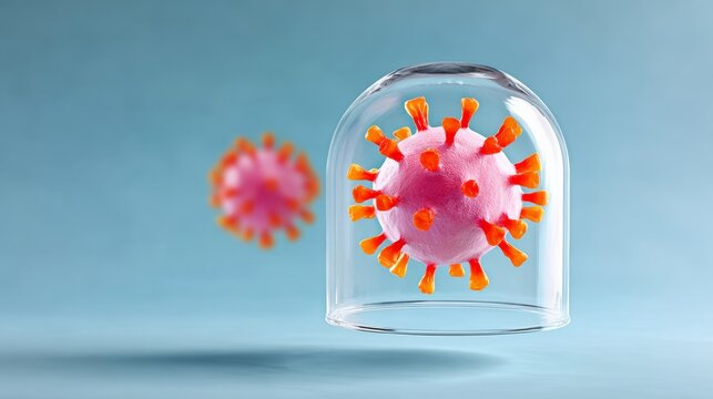 Colorful virus model encapsulated under glass dome, floating above soft blue background, illustrating the concept of containment and protection against infectious diseases in a visually engaging manne
