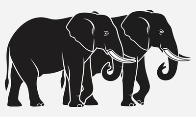 Fototapeta premium Two Silhouetted Elephants Walking Side by Side in Black and White Illustration