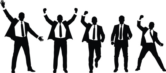 Silhouetted business professionals celebrating success, dynamic victory poses, formal attire, motivation concept, leadership energy, achievement, teamwork, white background, confidence